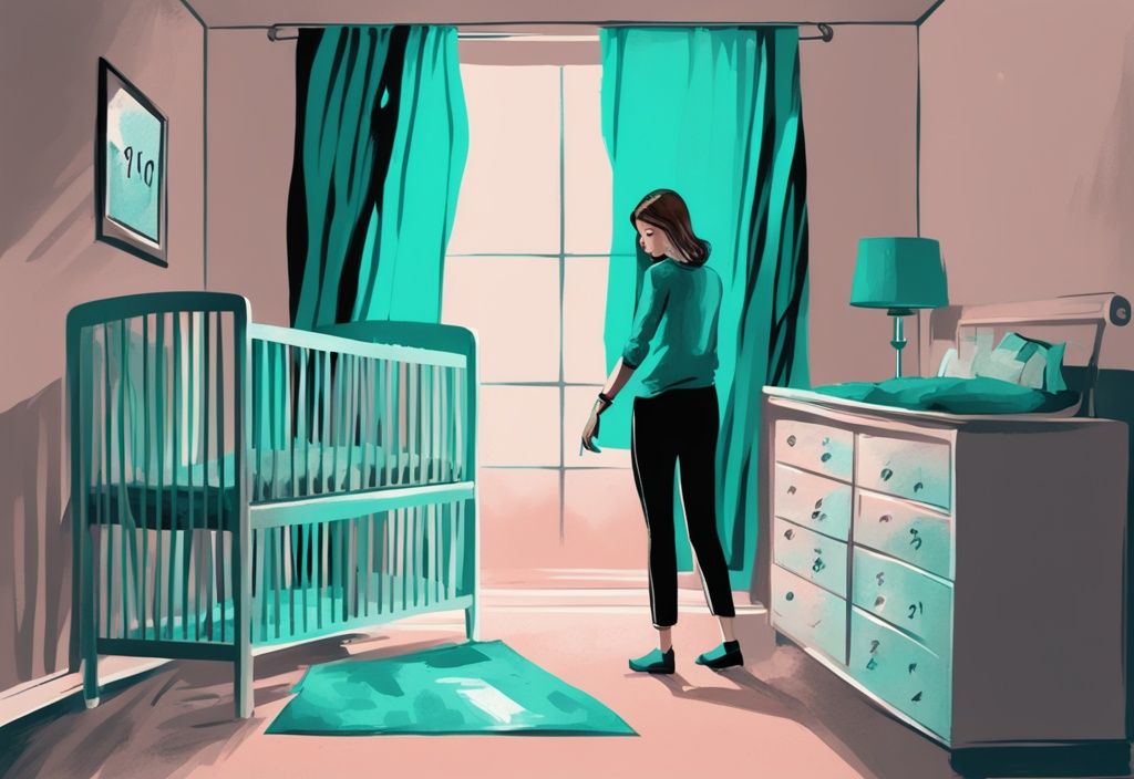 Digitale Illustration einer Mutter, die besorgt auf ein leeres Kinderbett schaut, mit einem Kalender im Hintergrund, der ein markiertes Datum zeigt, ab wann vermisst Baby Mama.