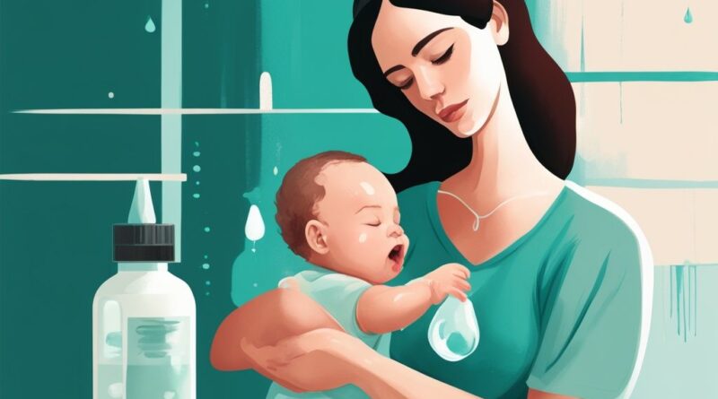 Mutter verabreicht ihrem Baby vorsichtig Vitamin D Tropfen mit einer Pipette, moderne digitale Illustration in Teal-Farben, wie lange Vitamin D fürs Baby.