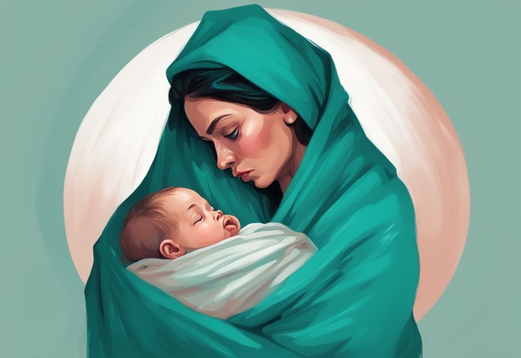 Moderne digitale Illustration, besorgte Mutter hält Baby mit Decke, sichtbare Fieberblase auf ihrer Lippe, Uhr tickt im Hintergrund, Hauptfarbthema ist Türkis.