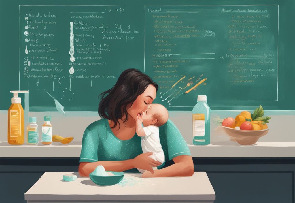 Moderne digitale Malerei-Illustration in Türkis: Mutter gibt Baby mit Pipette Vitamin D, neben Tafel mit täglichem Einnahmezeitplan.