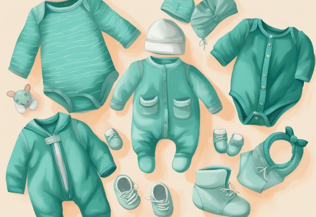 Moderne digitale Malerei in Türkis, verschiedene Baby-Outfits für Schlafen, Spielen und Draußen, neugieriges Baby in der Mitte, das die Kleidung untersucht, was ziehe ich meinem Baby an