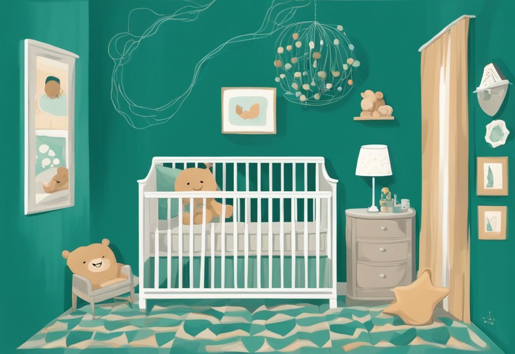 Moderne digitale Malerei eines schlafenden Babys in einem schön dekorierten Kinderzimmer, das den Übergang vom Elternschlafzimmer zum eigenen Zimmer symbolisiert, Hauptfarbe Teal.