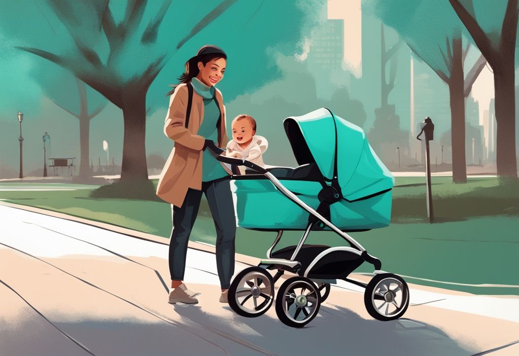 Moderne digitale Illustration, Baby im Kinderwagen, stilvoller Elternteil, urbaner Park, Hauptfarbe Teal.