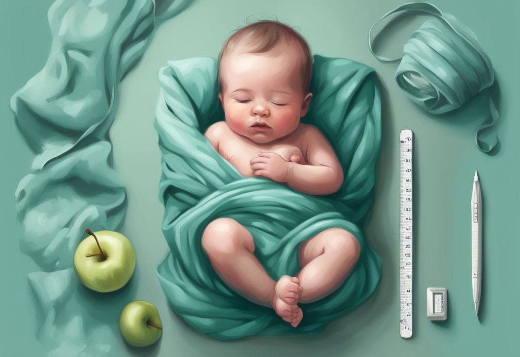 Neugeborenes Baby in weicher Decke neben Lineal oder Apfel zur Größenangabe, digitale Illustration in Teal.