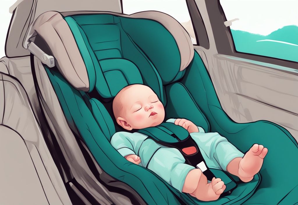 Schlafendes Baby in einem Autositz mit Timer, digitale Illustration in Teal-Farben.