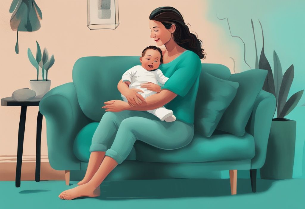 Moderne digitale Illustration eines glücklichen Elternteils auf einem Sofa, das ein Baby sanft im Schoß hält, mit Altersmarkierungen zur Entwicklung des Babys von Rückenlage bis zum aufrechten Sitzen, ab wann darf ein Baby auf dem Schoß sitzen.