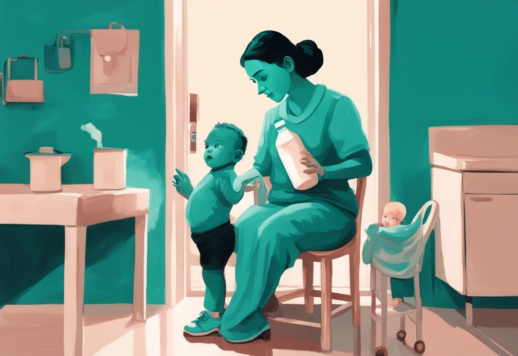 Besorgter Elternteil hält eine Flasche Kuhmilch vor neugierigem Baby im Hochstuhl, moderne digitale Malerei in Teal-Tönen