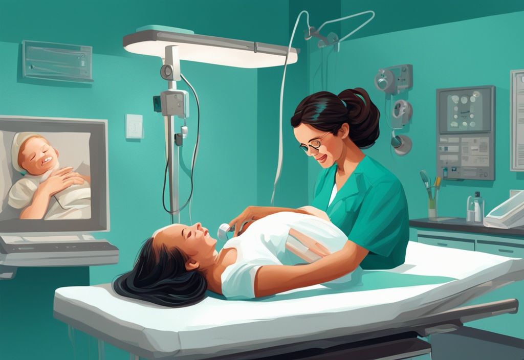 Schwangere Frau auf Untersuchungstisch, Arzt hört mit Dopplergerät den Herzschlag des Babys ab, moderne digitale Illustration in Teal-Farbtönen