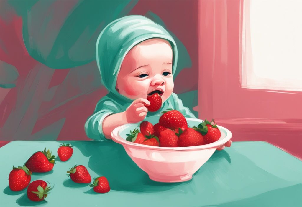 Neugieriges Baby erkundet freudig eine Erdbeere und probiert pürierte Portion von einem kleinen Löffel – dürfen Babys Erdbeeren essen?