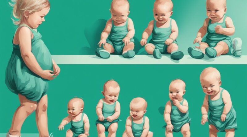 Moderne digitale Illustration in Teal, die das Wachstum eines Babys vom Säugling bis zum Kleinkind zeigt, mit dem Schwerpunkt auf den Entwicklungsstufen und ab wann sollten Babys Schuhe tragen.