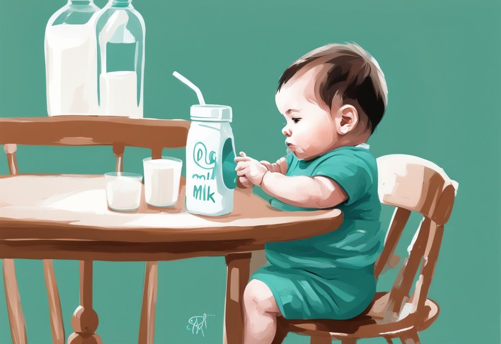 Moderne digitale Malerei mit einem Baby im Hochstuhl, das friedlich aus einer mit Messungen markierten Milchflasche trinkt, Hauptfarbe Teal