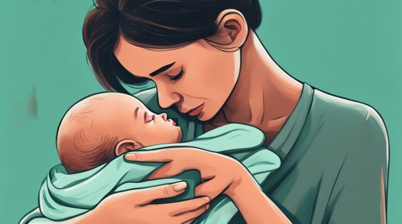 Moderne digitale Malerei einer besorgten Elternteil, der sanft sein Baby mit Bauchschmerzen hält, mit einer Überlagerung von Hausmitteln wie einem warmen Tuch, sanfter Massage oder einer baby-sicheren Medizinflasche – was mache ich wenn mein Baby Bauchschmerzen hat.