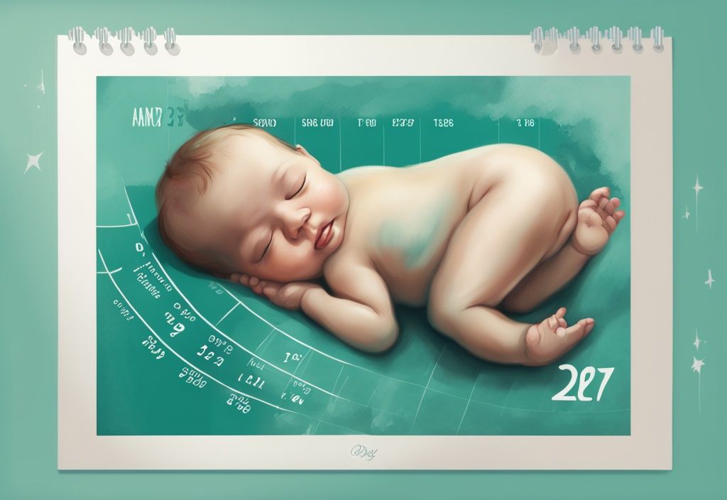 Moderne digitale Malerei in Teal, die ein gesundes Baby auf einem Kalender zeigt, mit hervorgehobenen Tagen bis zur 37. Woche, symbolisierend ab wann ist ein Baby kein Frühchen mehr.