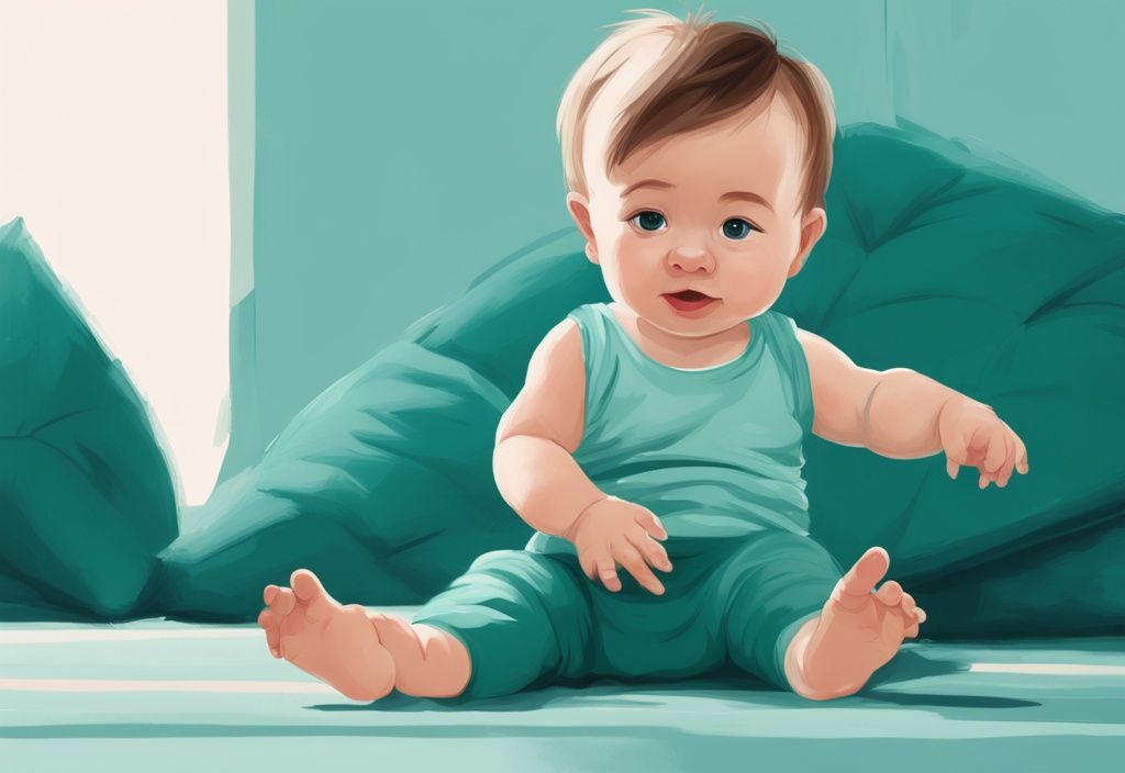 Moderne digitale Malerei Illustration in Türkis: Ein Baby wechselt von der Krabbelposition in eine sitzende Haltung mit Unterstützung von Kissen.