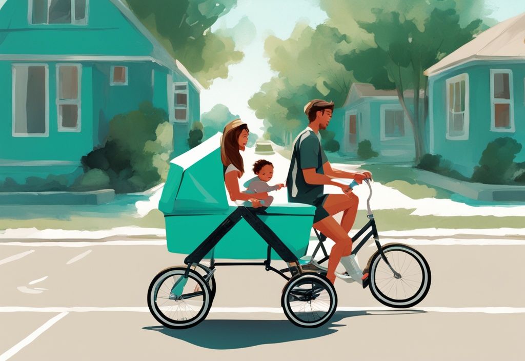 Moderne digitale Malerei einer glücklichen Familie, die an einem sonnigen Tag Fahrrad fährt, mit einem Baby im Fahrradanhänger; Hauptfarbthema ist Türkis.