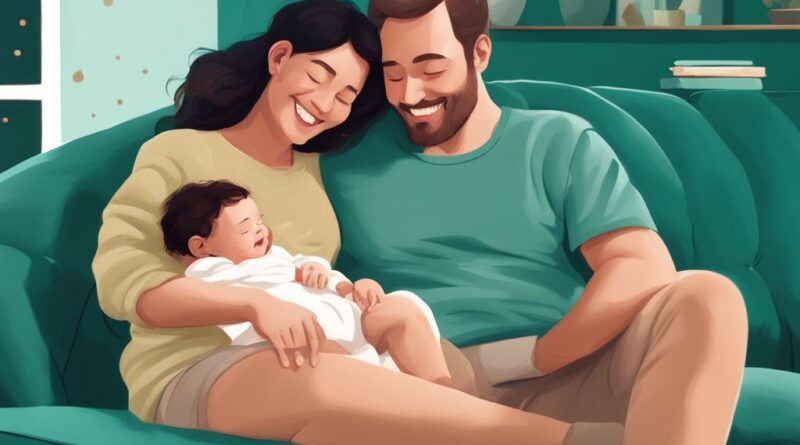 Moderne digitale Illustration in Türkis, die einen glücklichen Elternteil auf einer Couch zeigt, der ein Baby im Schoß hält, mit Altersmarkierungen, die das Wachstum des Babys vom Liegen bis zum aufrechten Sitzen zeigen, ab wann darf ein Baby auf dem Schoß sitzen.