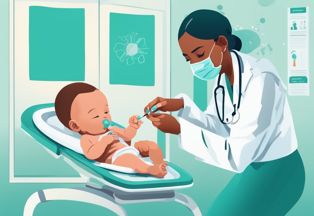 Moderne digitale Illustration eines Gesundheitsexperten, der einem ruhigen, Schnuller nuckelnden Baby eine Impfung verabreicht, während im Hintergrund eine ansprechende Infografik die Frage "welche Impfungen braucht ein Baby" beantwortet.