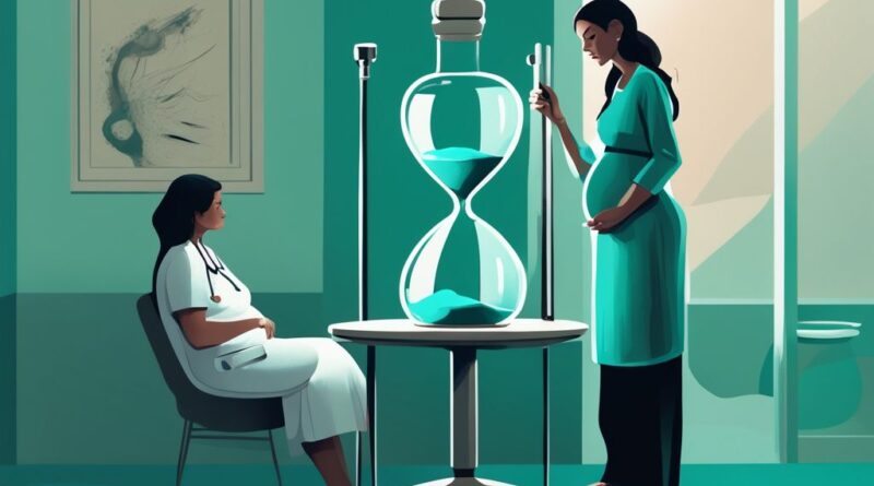 Moderne digitale Illustration in Teal mit einer Sanduhr, einer besorgten schwangeren Frau und einem professionellen Arzt in einer ruhigen klinischen Umgebung; Fruchtblase geplatzt wie lange darf das Baby im Bauch bleiben.