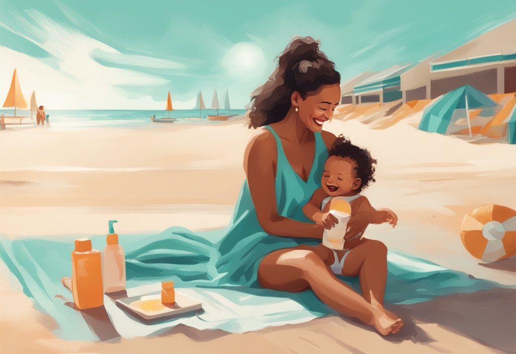 Mutter trägt Sonnencreme auf lächelndes Baby am sonnigen Strand auf, moderne digitale Malerei in Teal-Tönen