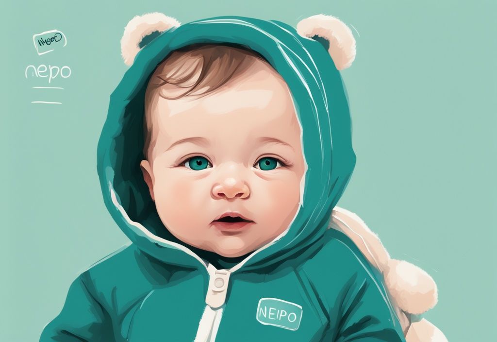 Niedliches, molliges Baby in moderner, stilvoller Kleidung mit der Aufschrift "Nepo Baby", digitale Malerei in Teal-Farben.