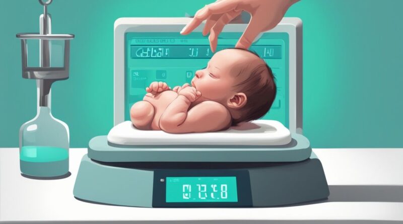 Moderne digitale Malerei mit einem Neugeborenen auf einer kalibrierten Waage, gehalten von den Händen eines Gesundheitsexperten, mit einem digitalen Bildschirm, der das Gewicht anzeigt. Keyword: wie viel wiegt ein Baby bei der Geburt.