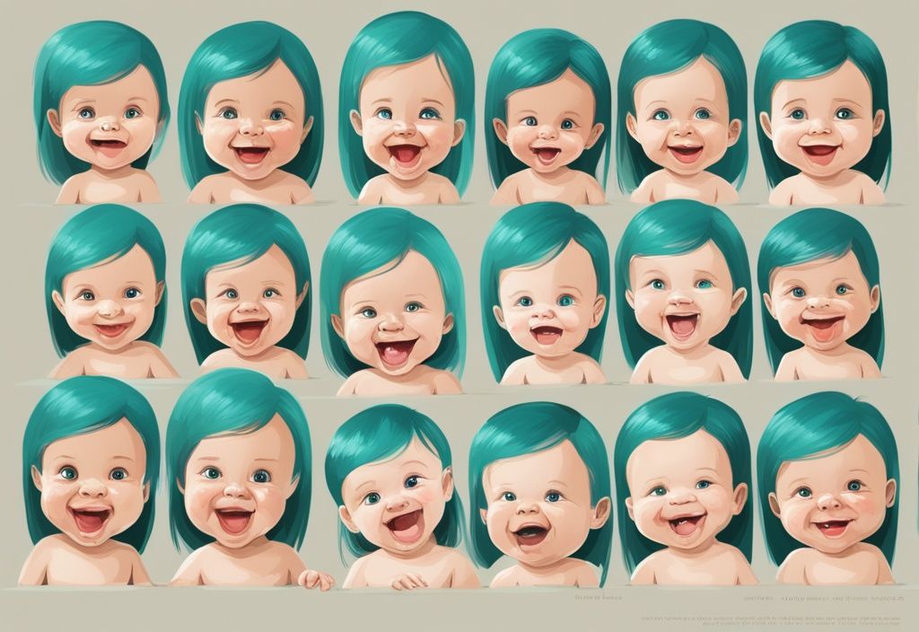 Moderne digitale Illustration mit visuellem Zeitstrahl, der zeigt, wann kommen welche Zähne beim Baby, von ersten Schneidezähnen bis zu zweiten Backenzähnen, Hauptfarbe Teal.