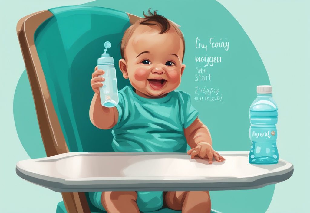 Moderne digitale Illustration eines glücklichen Babys in einem Hochstuhl, das Wasser aus einem Trinklernbecher trinkt, mit einer Infografik zur geeigneten Alters- und Fortschrittsstufe für Babys beim Wassertrinken.