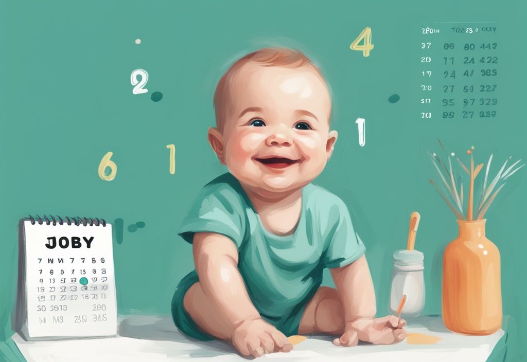 Moderne digitale Malerei eines lächelnden gesunden Babys neben einem Kalender, der den Übergang von einem bestimmten Datum anzeigt, an dem das Baby nicht mehr als frühgeboren gilt, Hauptfarbe Teal.