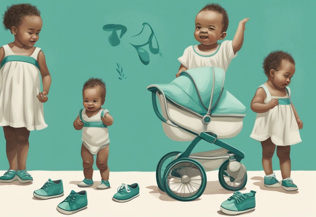 Moderne digitale Illustration in Teal-Farben, die eine visuelle Zeitleiste des Wachstums eines Babys von der Geburt bis zum Kleinkindalter zeigt, mit dem Schwerpunkt auf dem richtigen Zeitpunkt für das Tragen von Schuhen; ab wann sollten Babys Schuhe tragen.