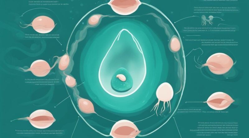 Moderne digitale Illustration in Türkis, die zeigt, wie entsteht ein Baby: Infografik des menschlichen Fortpflanzungsprozesses mit Spermien, die die Eizelle treffen und ein Baby im Mutterleib bilden.