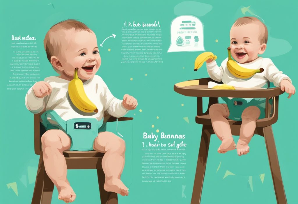 Moderne digitale Illustration in Teal: lächelndes Baby im Hochstuhl mit geschälter Banane in der Hand, Infografik-Zeitachse zeigt verschiedene Altersstufen und ab wann darf mein Baby Banane essen.