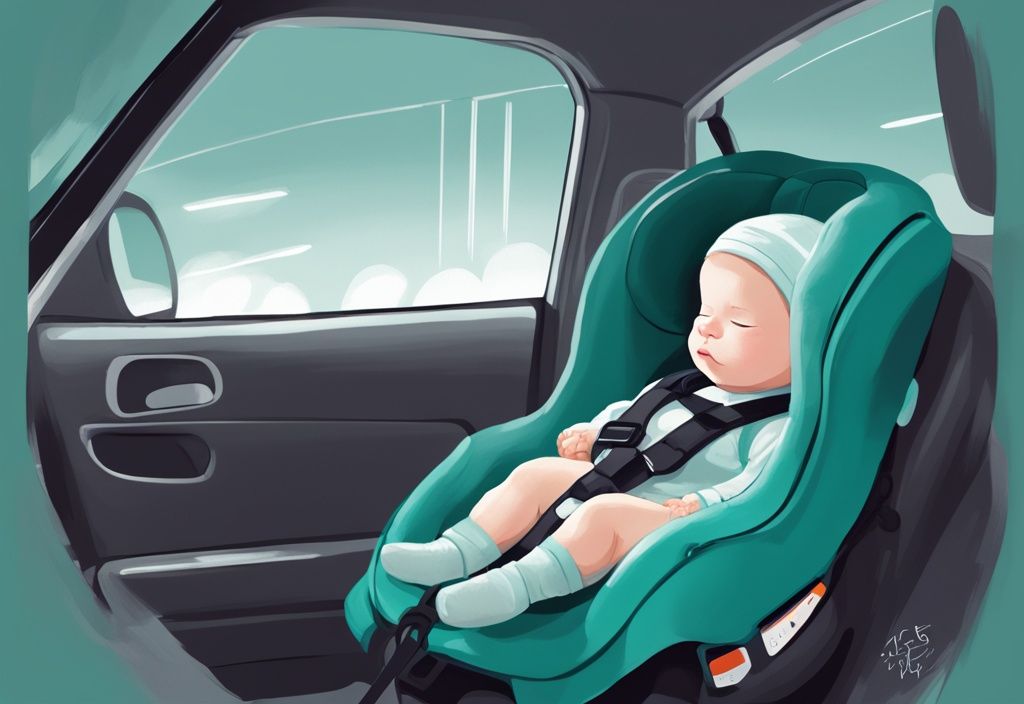 Schlafendes Baby in einem Autositz mit Timer, digitales Gemälde in Teal-Farben.