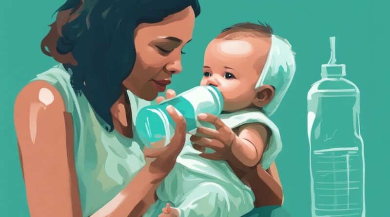 Moderne digitale Illustration in Teal-Tönen: Baby trinkt aus einer in Unzen gemessenen Babyflasche, Elternteil hält einen Leitfaden zum Thema "wie viel trinkt ein Baby