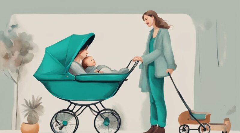 Moderne digitale Illustration mit dem Hauptfarbthema Türkis, zeigt eine Zeitleiste mit wichtigen Meilensteinen, die den Übergang von einem Baby, das flach im Kinderwagen liegt, zu einem aufrecht sitzenden Baby im Buggy darstellt, ab wann Baby in Buggy.