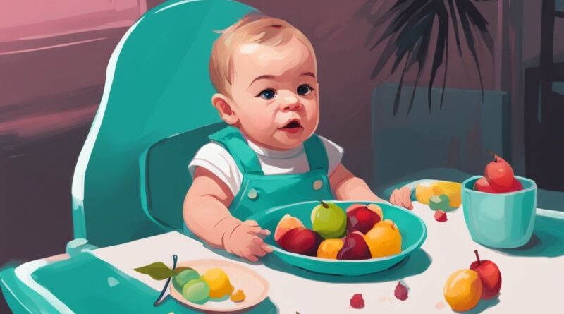 Modernes digitales Gemälde eines Babys im Hochstuhl mit einem Teller voller kleiner Obststücke, das neugierig schaut; ab wann dürfen Babys Obst essen.