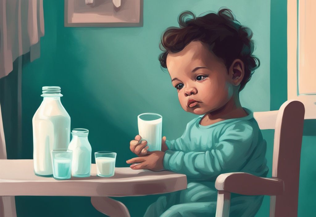 Besorgter Elternteil hält eine Flasche Kuhmilch vor neugierigem Baby im Hochstuhl, moderne digitale Malerei in Teal-Farbtönen.