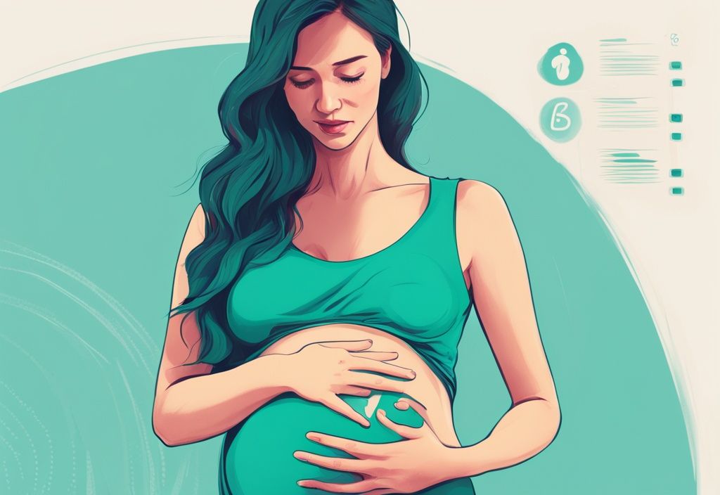 Moderne digitale Illustration einer schwangeren Frau, die ihren Bauch berührt, mit einem Zeitstrahl im Hintergrund, der verschiedene Schwangerschaftsstadien und den Zeitpunkt zeigt, wann sie das Baby spüren kann, Hauptfarbthema: Türkis.