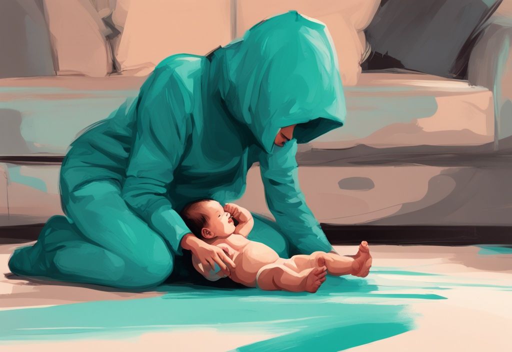 Moderne digitale Illustration in Teal: Ein Baby versucht, selbstständig zu sitzen, während ein Elternteil im Hintergrund ermutigend zuschaut. ab wann kann ein Baby sitzen