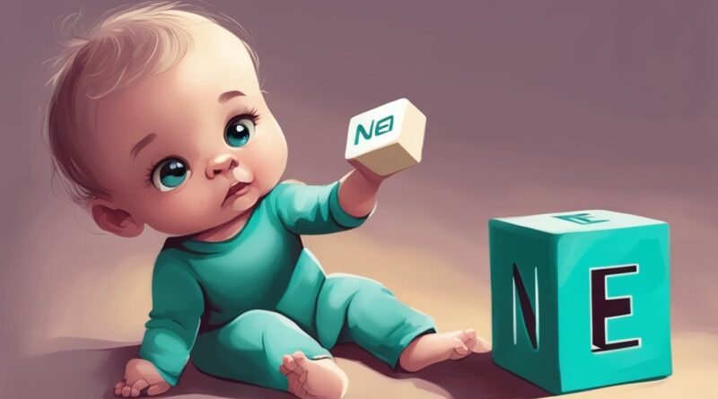 Niedliches Baby spielt neugierig mit einem Baustein mit der Gravur 'NEPO', moderne digitale Illustration in Türkis, was ist ein Nepo Baby.