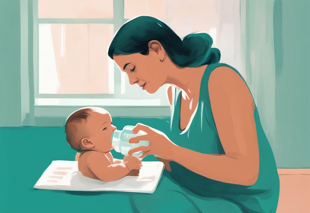 Moderne digitale Illustration in Teal-Tönen: Ein Baby trinkt aus einer in Unzen gemessenen Babyflasche, während ein Elternteil einen Leitfaden über Babyernährung hält. Keyword: wie viel trinkt ein Baby.