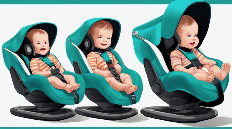 Moderne digitale Illustration in Teal, die verschiedene Wachstumsphasen eines Kindes mit passenden Babysitzen zeigt, ab wann Sportsitz fürs Baby