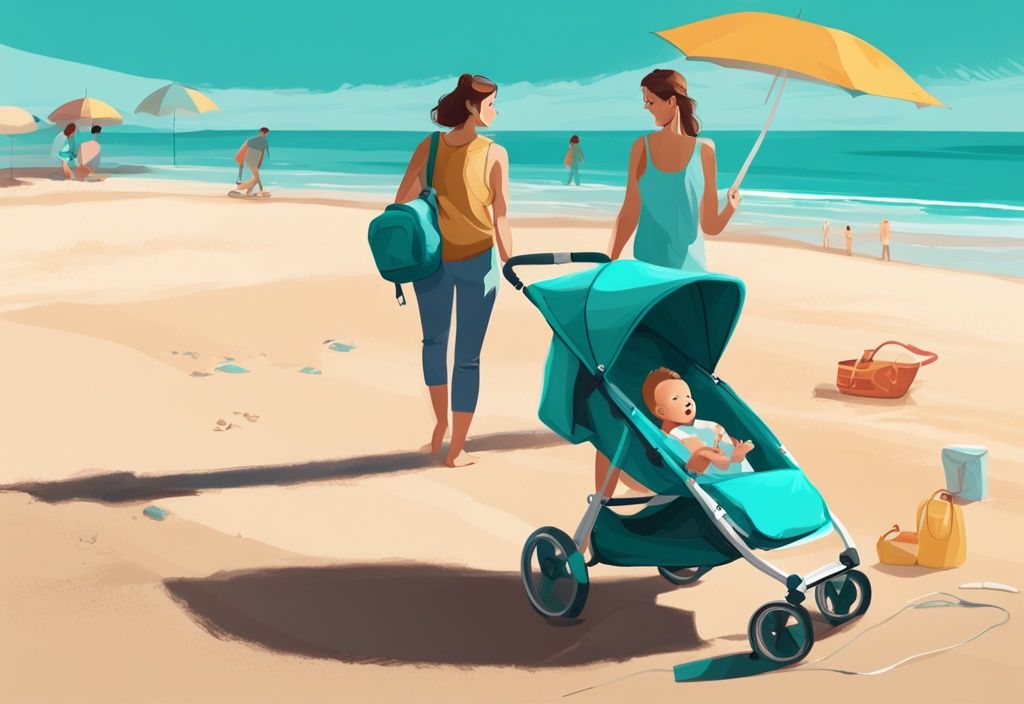 Moderne digitale Malerei, Familie am ruhigen Sandstrand mit Babyutensilien wie Reisebett, Baby-Pflege-Rucksack und Sonnenschirm, wohin in den Urlaub mit meinem Baby