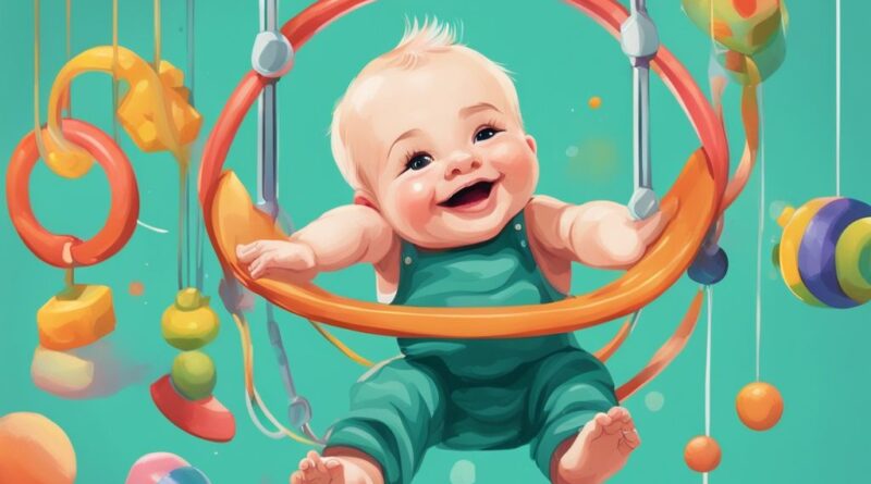 Digitales Gemälde eines lächelnden Babys auf dem Rücken, das nach bunten Spielzeugen an einem Spielbogen greift - ab wann ein Spielbogen fürs Baby.