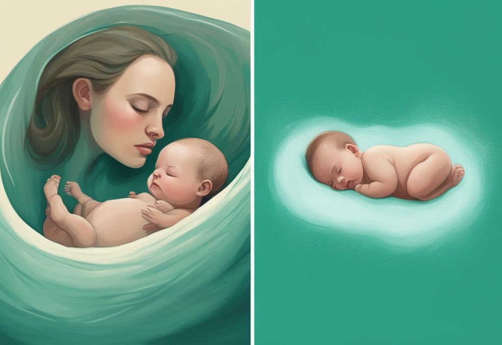 Vergleich von normalgroßem und übergroßem Neugeborenen neben einem standardmäßigen Geburtskanal, Konzept eines zu großen Babys für eine normale Geburt, digitale Illustration, Hauptfarbe Teal