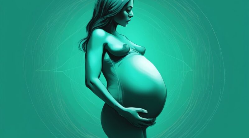 Moderne digitale Illustration einer schwangeren Frau mit transparentem Blick auf den Bauch, um zu zeigen, wie liegt das Baby im Bauch. Hauptfarbe: Teal.