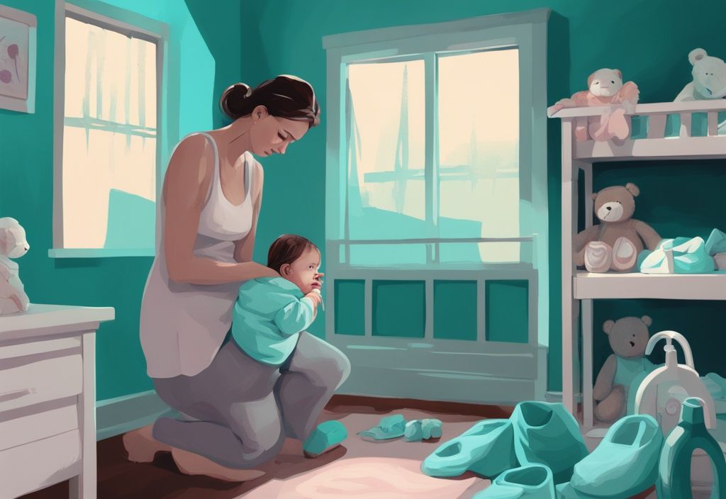 Moderne digitale Illustration einer traurigen Mutter, die Babybekleidung und Spielzeug in einem leeren Kinderzimmer betrachtet, sehnsüchtig nach ihrem vermissten Baby