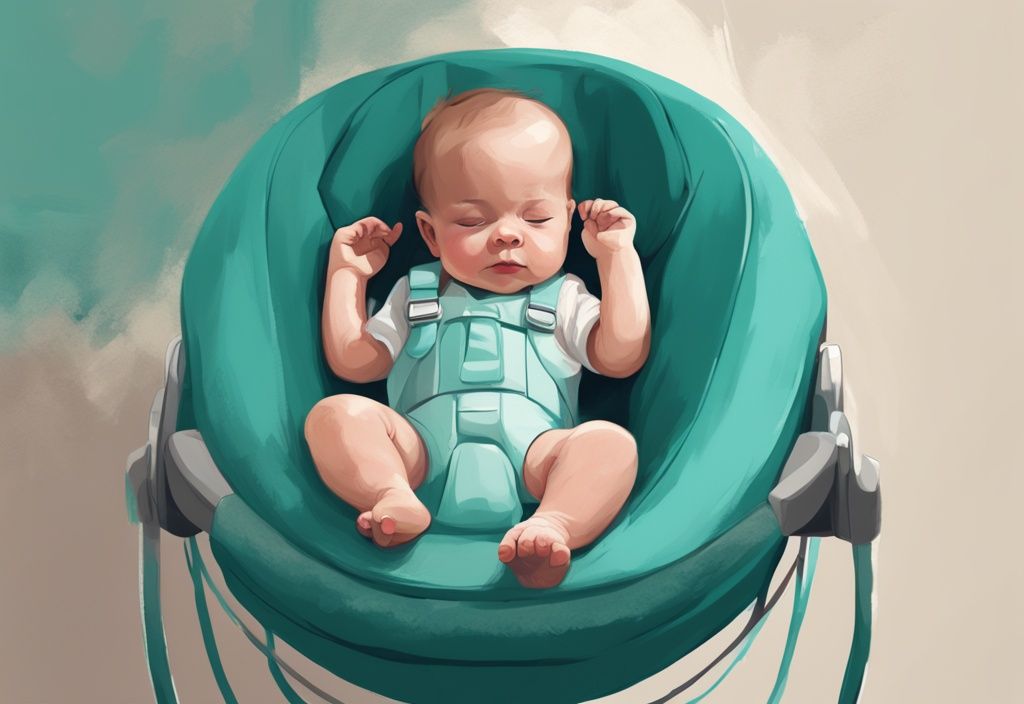 Moderne digitale Illustration eines Neugeborenen in einer sicheren und komfortablen Babywippe, geeignet ab wann eine Babywippe verwendet werden kann, mit Hauptfarbe Teal.