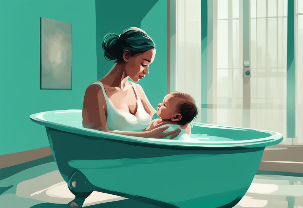 Moderne digitale Illustration in Türkis: Szene einer Mutter, die ihr neugeborenes Baby in einer Babybadewanne badet, ab wann Baby baden.