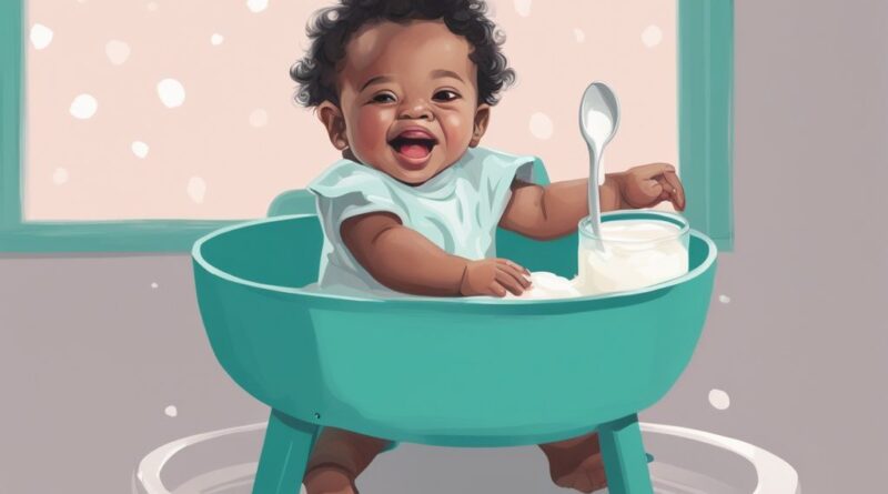 Modernes digitales Gemälde eines Babys in einem Hochstuhl mit einem Löffel in der Hand, aufgeregt mit einem Becher Joghurt vor sich, ab wann dürfen Babys Joghurt essen.