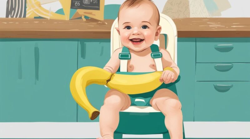 Modernes digitales Gemälde mit einem lächelnden Baby im Hochstuhl, das eine geschälte Banane hält, und einer Infografik-Timeline, die zeigt, ab wann darf mein Baby Banane essen.